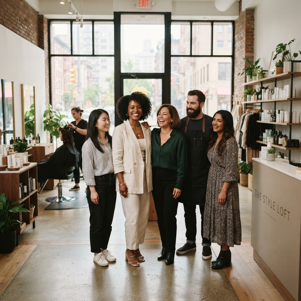 A team of local business owners in a bright modern storefront