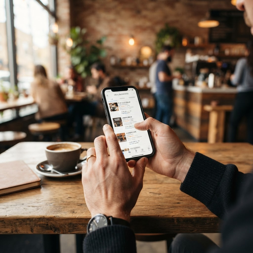 A customer comparing local businesses and reading reviews on a phone